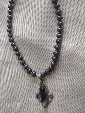 Vintage handmade pearl fleur de lis necklace - handmade - one of a kind - purple
